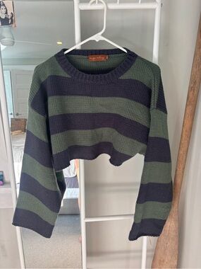 Striped Cropped Crewneck Sweater - Olive & Black